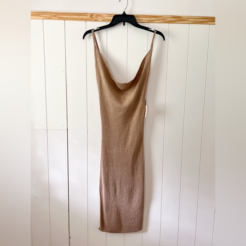 Revolve Superdown Tan fold shimmer Cowl Neck Slip Dress